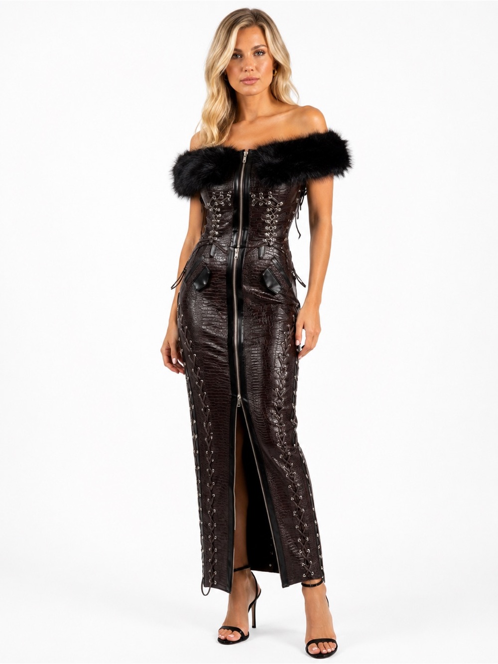AKIRA Brown Faux Croc Fur Corset Top & Lace Up Maxi Skirt Set NWT